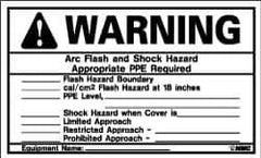 NMC - Accident Prevention Label, Header: WARNING - Legend: Warning - Arc Flash and Shock Hazard - Appropriate PPE Required, English, Black & Orange, 5" Long x 3" High, Sign Muscle Finish - Americas Industrial Supply