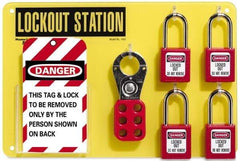 NMC - Equipped Acrylic Tag and Padlock / Hasp Station - 12 Inch Wide x 8 Inch High, Black on Yellow - Americas Industrial Supply
