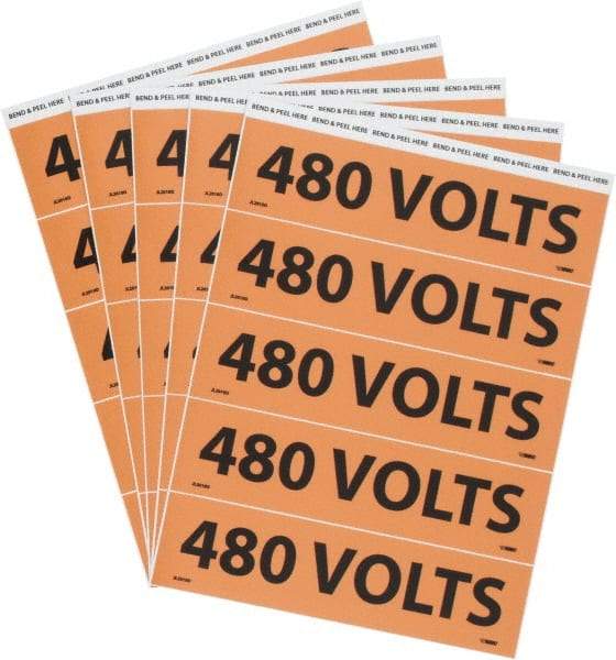 NMC - Electrical Markers Label - Legend: 480 Volts, English, Black & Orange, 9" Long x 2-1/4" High, Sign Muscle Finish - Americas Industrial Supply