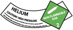 NMC - Hazardous Materials Label - Legend: Helium - Caution! High Pressure - Non Flammable Gas - 2, English, Green, Black & White, 5-1/4" Long x 2" High, Sign Muscle Finish - Americas Industrial Supply