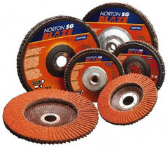 Norton - 120 Grit, 5" Disc Diam, 7/8" Center Hole, Type 27 Ceramic Flap Disc - Fiberglass Backing, Arbor Attaching System, Coated - Americas Industrial Supply