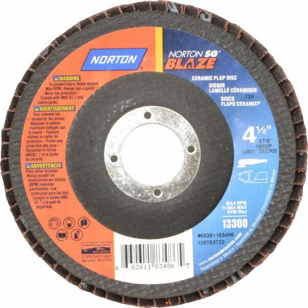 Norton - 36 Grit, 4-1/2" Disc Diam, 7/8" Center Hole, Type 29 Ceramic Flap Disc - 13,000 Max RPM, Fiberglass Backing, Arbor Attaching System, Coated - Americas Industrial Supply