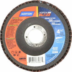 Norton - 36 Grit, 4-1/2" Disc Diam, 7/8" Center Hole, Type 29 Ceramic Flap Disc - 13,000 Max RPM, Fiberglass Backing, Arbor Attaching System, Coated - Americas Industrial Supply