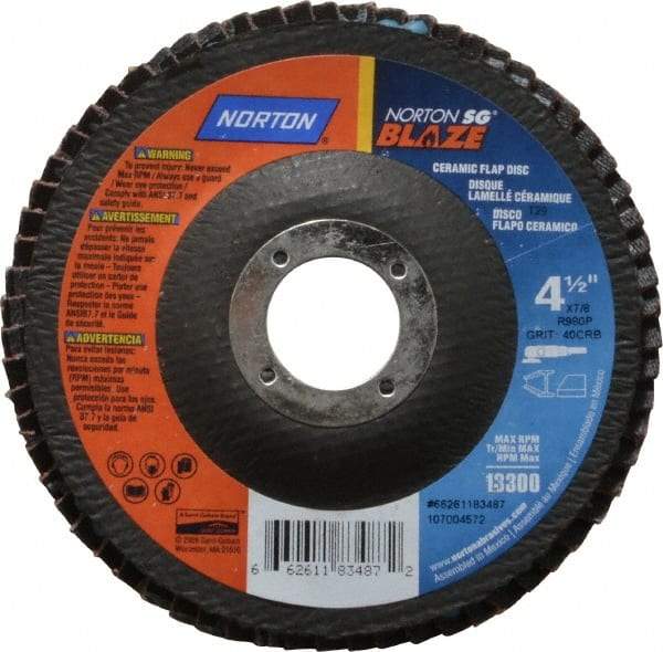 Norton - 40 Grit, 4-1/2" Disc Diam, 7/8" Center Hole, Type 29 Ceramic Flap Disc - 13,000 Max RPM, Fiberglass Backing, Arbor Attaching System, Coated - Americas Industrial Supply