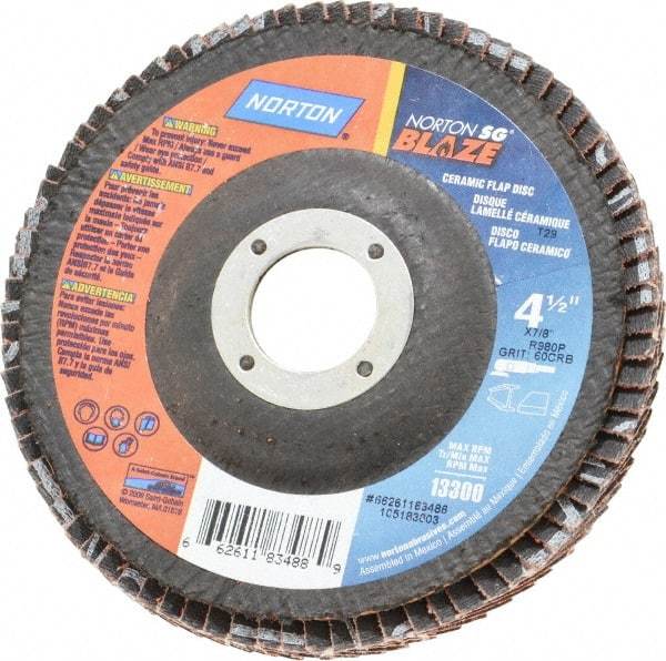 Norton - 60 Grit, 4-1/2" Disc Diam, 7/8" Center Hole, Type 29 Ceramic Flap Disc - 13,000 Max RPM, Fiberglass Backing, Arbor Attaching System, Coated - Americas Industrial Supply