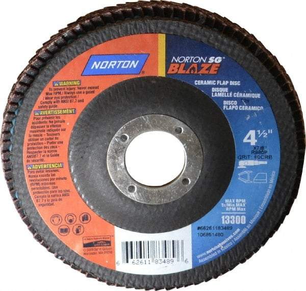 Norton - 80 Grit, 4-1/2" Disc Diam, 7/8" Center Hole, Type 29 Ceramic Flap Disc - 13,000 Max RPM, Fiberglass Backing, Arbor Attaching System, Coated - Americas Industrial Supply
