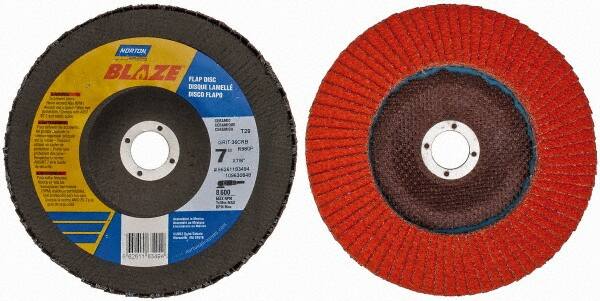 Norton - 36 Grit, 7" Disc Diam, 7/8" Center Hole, Type 29 Ceramic Flap Disc - 8,500 Max RPM, Fiberglass Backing, Arbor Attaching System, Coated - Americas Industrial Supply
