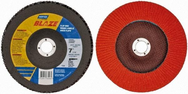 Norton - 60 Grit, 7" Disc Diam, 7/8" Center Hole, Type 29 Ceramic Flap Disc - 8,500 Max RPM, Fiberglass Backing, Arbor Attaching System, Coated - Americas Industrial Supply
