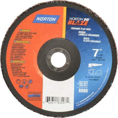 Norton - 80 Grit, 7" Disc Diam, 7/8" Center Hole, Type 29 Ceramic Flap Disc - 8,500 Max RPM, Fiberglass Backing, Arbor Attaching System, Coated - Americas Industrial Supply