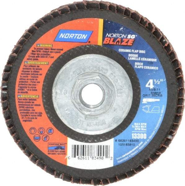 Norton - 36 Grit, 5" Disc Diam, Type 29 Flap Disc - Fiberglass Backing, Arbor Attaching System - Americas Industrial Supply
