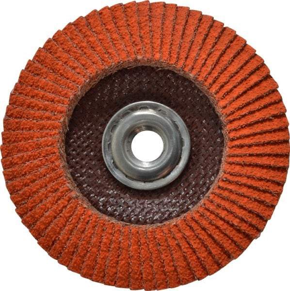 Norton - 40 Grit, 4-1/2" Disc Diam, 5/8-11 Center Hole, Type 29 Ceramic Flap Disc - 13,000 Max RPM, Fiberglass Backing, Arbor Attaching System, Coated - Americas Industrial Supply