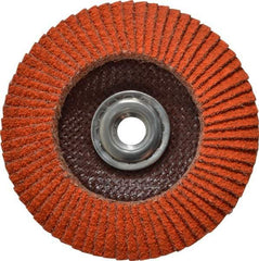 Norton - 40 Grit, 4-1/2" Disc Diam, 5/8-11 Center Hole, Type 29 Ceramic Flap Disc - 13,000 Max RPM, Fiberglass Backing, Arbor Attaching System, Coated - Americas Industrial Supply