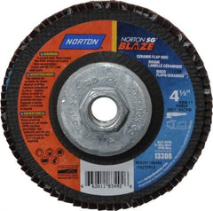 Norton - 60 Grit, 4-1/2" Disc Diam, 5/8-11 Center Hole, Type 29 Ceramic Flap Disc - 13,000 Max RPM, Fiberglass Backing, Arbor Attaching System, Coated - Americas Industrial Supply