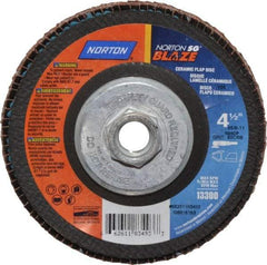 Norton - 80 Grit, 4-1/2" Disc Diam, 5/8-11 Center Hole, Type 29 Ceramic Flap Disc - 13,000 Max RPM, Fiberglass Backing, Arbor Attaching System, Coated - Americas Industrial Supply