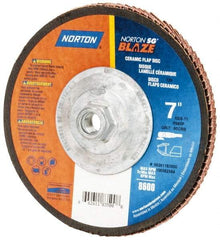 Norton - 60 Grit, 7" Disc Diam, 5/8-11 Center Hole, Type 29 Ceramic Flap Disc - 8,500 Max RPM, Fiberglass Backing, Arbor Attaching System, Coated - Americas Industrial Supply
