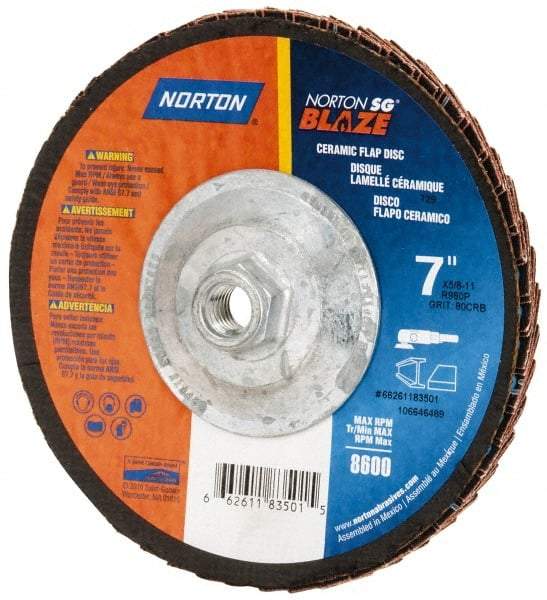 Norton - 80 Grit, 7" Disc Diam, 5/8-11 Center Hole, Type 29 Ceramic Flap Disc - 8,500 Max RPM, Fiberglass Backing, Arbor Attaching System, Coated - Americas Industrial Supply