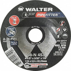 WALTER Surface Technologies - 36 Grit, 4-1/2" Wheel Diam, 3/32" Wheel Thickness, 7/8" Arbor Hole, Type 27 Depressed Center Wheel - Aluminum Oxide/Silicon Carbide Blend, Resinoid Bond, 13,300 Max RPM - Americas Industrial Supply