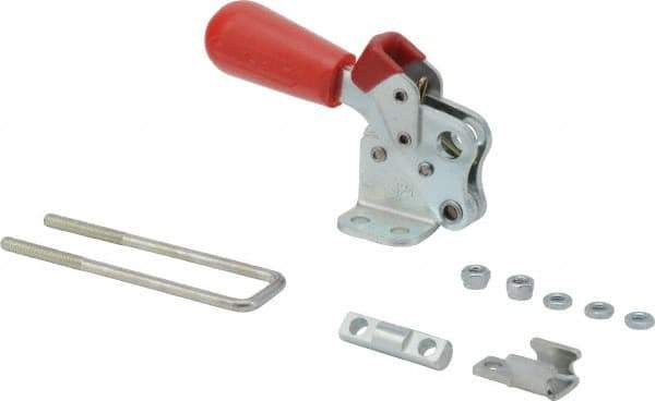 De-Sta-Co - 495 Lb Capacity, Vertical, J Hook, Flanged Base, Carbon Steel Pull Action Latch Clamp - 1.53" Drawing Movement, 3.47" OAL, Threaded U Hook, Straight Handle - Americas Industrial Supply