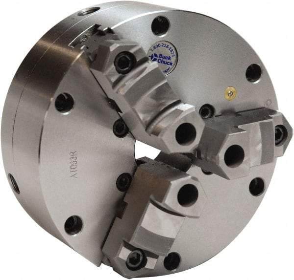 Buck Chuck Company - 3 Jaws, 10" Diam, Self Centering Manual Lathe Chuck - Plain Back Mount Spindle, Adjustable, Reversible, 2,000 Max RPM, 2-63/64" Through Hole Diam, Cast Iron - Americas Industrial Supply