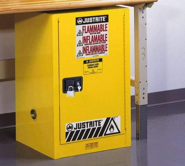 Justrite - 1 Door, 1 Shelf, Yellow Steel Space Saver Safety Cabinet for Flammable and Combustible Liquids - 35" High x 23-1/4" Wide x 18" Deep, Self Closing Door, 12 Gal Capacity - Americas Industrial Supply