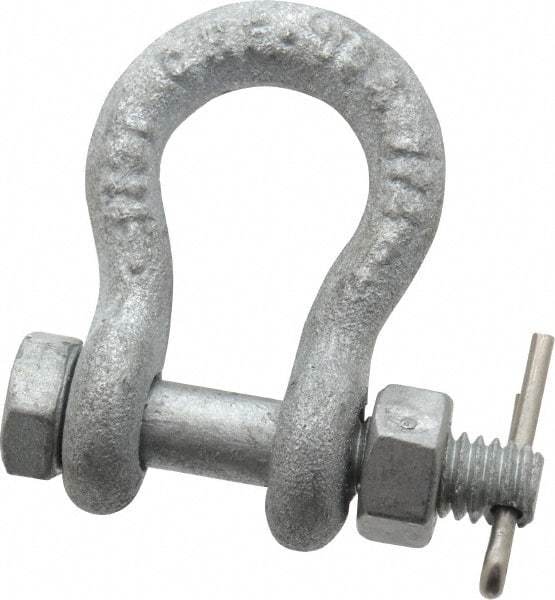 Made in USA - 1/4" Nominal Chain Size, 0.5 Ton Carbon Steel Bolt Anchor Shackle - 1/4" Diam, 5/16" Pin Diam, 1-1/8" High Inside Jaw, 3/4" Inside Width, 5/16" Max Body Thickness - Americas Industrial Supply