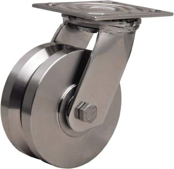 Hamilton - 5" Diam x 2" Wide, Stainless Steel Swivel Caster - 800 Lb Capacity, Top Plate Mount, 3-3/4" x 4-1/2" Plate, Delrin Bearing - Americas Industrial Supply