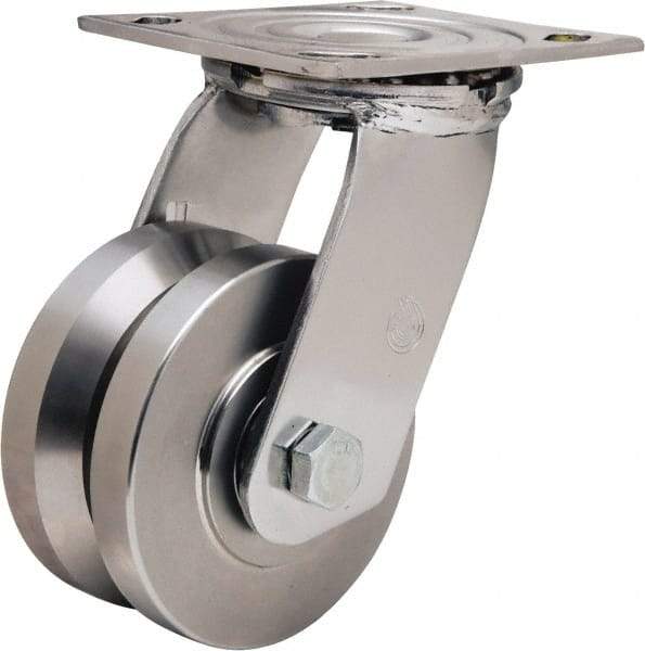Hamilton - 4" Diam x 2" Wide, Stainless Steel Swivel Caster - 850 Lb Capacity, Top Plate Mount, 3-3/4" x 4-1/2" Plate, Delrin Bearing - Americas Industrial Supply