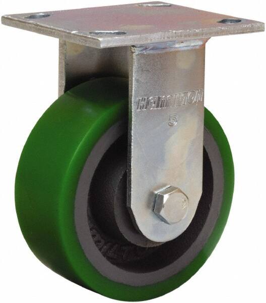Hamilton - 5" Diam x 2" Wide x 6-1/2" OAH Top Plate Mount Rigid Caster - Polyurethane Mold onto Cast Iron Center, 900 Lb Capacity, Sealed Precision Ball Bearing, 4 x 4-1/2" Plate - Americas Industrial Supply