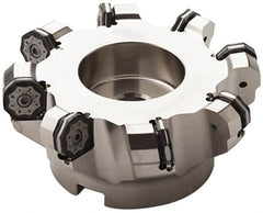 Seco - 6.3" Cut Diam, 2" Arbor Hole, 0.236" Max Depth of Cut, 40° Indexable Chamfer & Angle Face Mill - 10 Inserts, ON.U 09 Insert, Right Hand Cut, 10 Flutes, Series R220.48 - Americas Industrial Supply