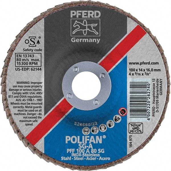 PFERD - 80 Grit, 4" Disc Diam, 5/8" Center Hole, Type 27 Aluminum Oxide Flap Disc - 15,300 Max RPM, Fiberglass Backing, Arbor Attaching System, Coated - Americas Industrial Supply