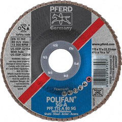 PFERD - 80 Grit, 4-1/2" Disc Diam, 7/8" Center Hole, Type 27 Aluminum Oxide Flap Disc - 13,300 Max RPM, Fiberglass Backing, Arbor Attaching System, Coated - Americas Industrial Supply