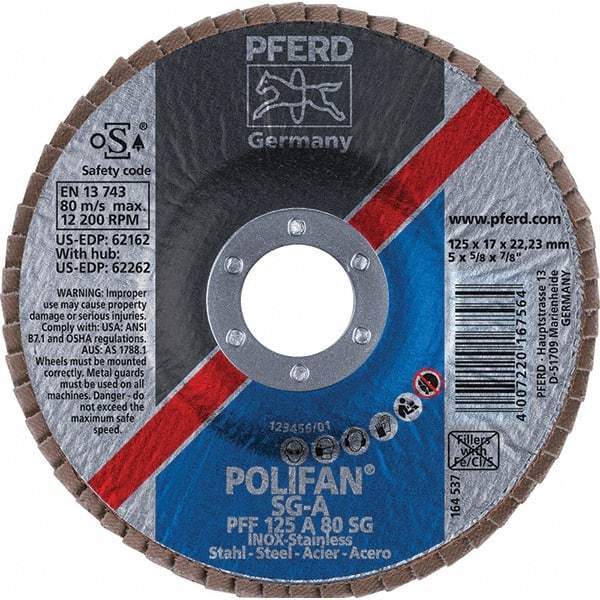 PFERD - 80 Grit, 5" Disc Diam, 7/8" Center Hole, Type 27 Aluminum Oxide Flap Disc - 12,200 Max RPM, Fiberglass Backing, Arbor Attaching System, Coated - Americas Industrial Supply