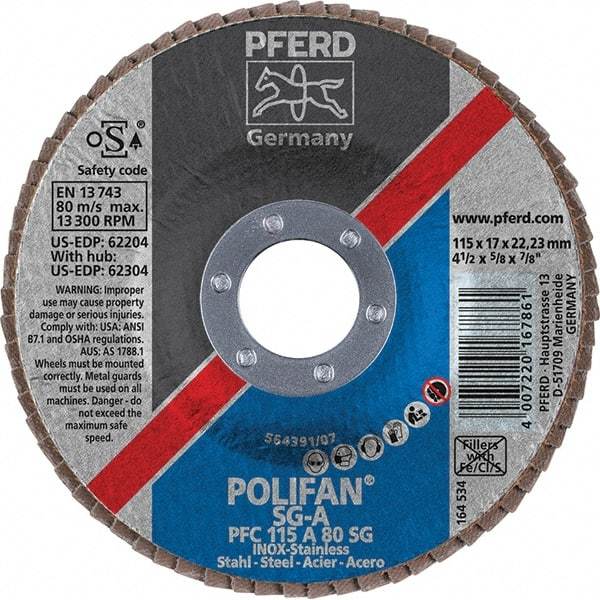 PFERD - 80 Grit, 4-1/2" Disc Diam, 7/8" Center Hole, Type 29 Aluminum Oxide Flap Disc - 13,300 Max RPM, Fiberglass Backing, Arbor Attaching System, Coated - Americas Industrial Supply