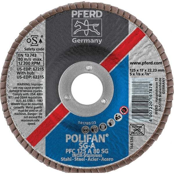 PFERD - 80 Grit, 5" Disc Diam, 7/8" Center Hole, Type 29 Aluminum Oxide Flap Disc - 12,200 Max RPM, Fiberglass Backing, Arbor Attaching System, Coated - Americas Industrial Supply