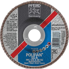 PFERD - 80 Grit, 5" Disc Diam, 7/8" Center Hole, Type 29 Aluminum Oxide Flap Disc - 12,200 Max RPM, Fiberglass Backing, Arbor Attaching System, Coated - Americas Industrial Supply
