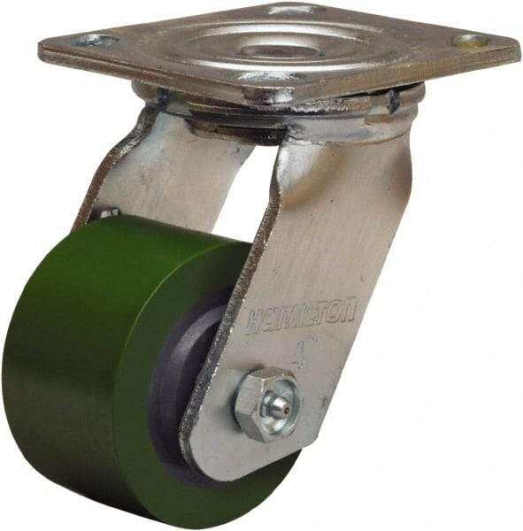 Hamilton - 3-1/4" Diam x 2" Wide x 5-1/4" OAH Top Plate Mount Swivel Caster - Polyurethane Mold onto Cast Iron Center, 575 Lb Capacity, Straight Roller Bearing, 4 x 4-1/2" Plate - Americas Industrial Supply