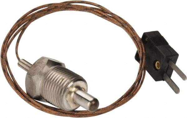 Thermo Electric - 0 to 900°F, J Pipe Plug, Thermocouple Probe - 5 Ft. Cable Length, Mini Connector, 1/2 Inch Probe Sheath Length, 6 Sec Response Time - Americas Industrial Supply