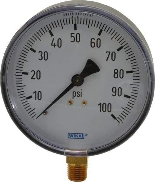 Wika - 4" Dial, 1/4 Thread, 0-100 Scale Range, Pressure Gauge - Lower Connection Mount, Accurate to 3-2-3% of Scale - Americas Industrial Supply