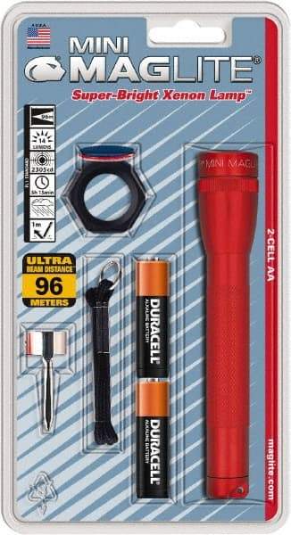 Mag-Lite - Krypton Bulb, 14 Lumens, Mini Flashlight - Red Aluminum Body, 2 AA Alkaline Batteries Included - Americas Industrial Supply
