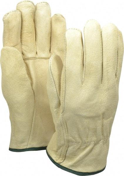 MCR Safety - Size M (8) Pigskin General Protection Work Gloves - For Work & Driver, Uncoated, Slip-On Cuff, Full Fingered, Cream/Yellow/Green, Paired - Americas Industrial Supply