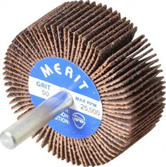 Merit Abrasives - 2" Diam x 3/4" Face Width, Coarse Ceramic Alumina Coated Mounted Flap Wheel - 1/4" Shank Mount, 50 Grit, 30,000 Max RPM - Americas Industrial Supply