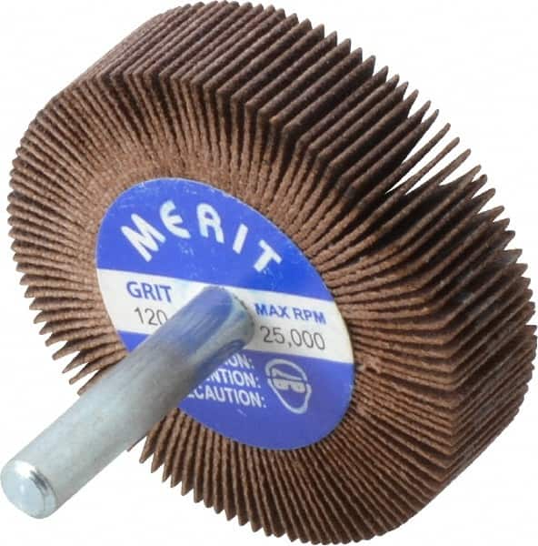 Merit Abrasives - 2" Diam x 1/2" Face Width, Fine Ceramic Alumina Coated Mounted Flap Wheel - 1/4" Shank Mount, 120 Grit, 30,000 Max RPM - Americas Industrial Supply