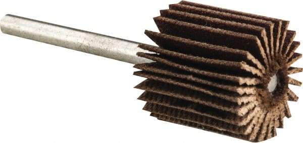 Merit Abrasives - 5/8" Diam x 5/8" Face Width, Very Fine Aluminum Oxide Coated Mounted Flap Wheel - 1/8" Shank Mount, 180 Grit, Cloth Backing, 37,000 Max RPM - Americas Industrial Supply