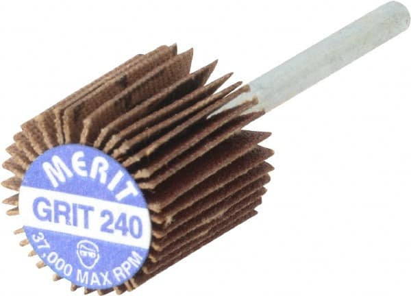 Merit Abrasives - 5/8" Diam x 5/8" Face Width, Very Fine Aluminum Oxide Coated Mounted Flap Wheel - 1/8" Shank Mount, 240 Grit, Cloth Backing, 37,000 Max RPM - Americas Industrial Supply