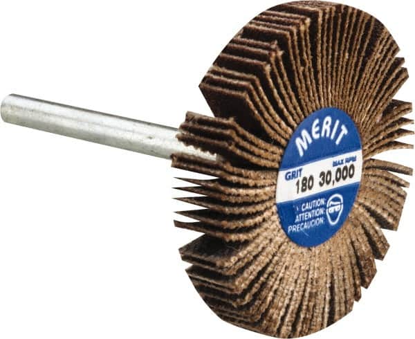 Merit Abrasives - 1-3/16" Diam x 3/16" Face Width, Very Fine Aluminum Oxide Coated Mounted Flap Wheel - 1/8" Shank Mount, 180 Grit, Cloth Backing, 30,000 Max RPM - Americas Industrial Supply