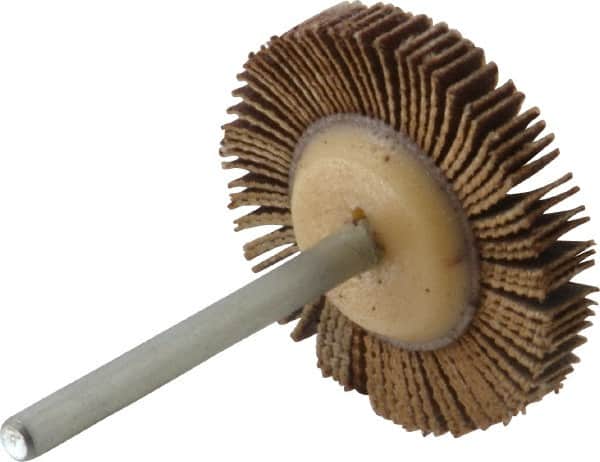 Merit Abrasives - 1-3/16" Diam x 3/16" Face Width, Very Fine Aluminum Oxide Coated Mounted Flap Wheel - 1/8" Shank Mount, 240 Grit, Cloth Backing, 30,000 Max RPM - Americas Industrial Supply