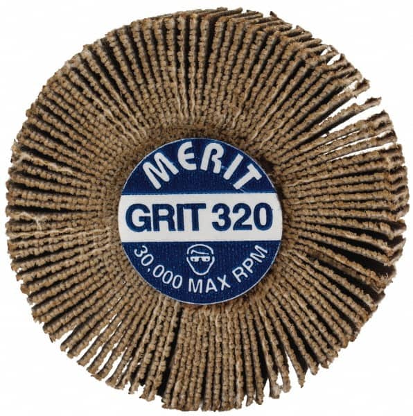 Merit Abrasives - 1-3/16" Diam x 3/8" Face Width, Extra Fine Aluminum Oxide Coated Mounted Flap Wheel - 1/8" Shank Mount, 320 Grit, Cloth Backing, 30,000 Max RPM - Americas Industrial Supply