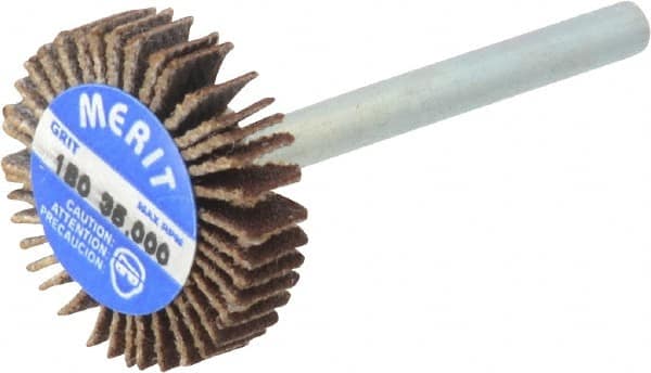 Merit Abrasives - 3/4" Diam x 3/16" Face Width, Very Fine Aluminum Oxide Coated Mounted Flap Wheel - 1/8" Shank Mount, 180 Grit, Cloth Backing, 35,000 Max RPM - Americas Industrial Supply
