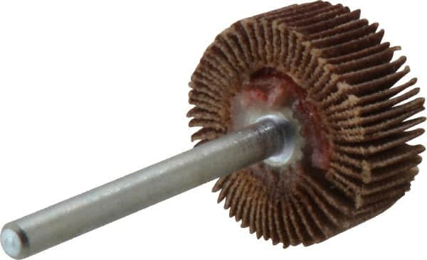 Merit Abrasives - 3/4" Diam x 3/8" Face Width, Very Fine Aluminum Oxide Coated Mounted Flap Wheel - 1/8" Shank Mount, 240 Grit, Cloth Backing, 35,000 Max RPM - Americas Industrial Supply