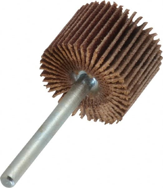 Merit Abrasives - 3/4" Diam x 1/2" Face Width, Very Fine Aluminum Oxide Coated Mounted Flap Wheel - 1/8" Shank Mount, 180 Grit, Cloth Backing, 35,000 Max RPM - Americas Industrial Supply